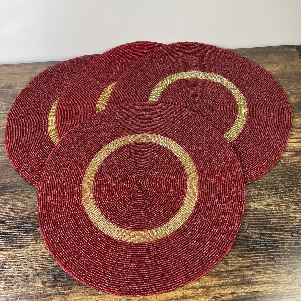Red &‎ Gold Glass Beaded Chargers Placemats 14" Round Holiday Christmas set of 4